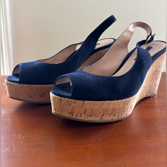 Stuart Weitzman Jean Suede Slingback Wedge Sandals size 8 1/2 Blue - Picture 10 of 12